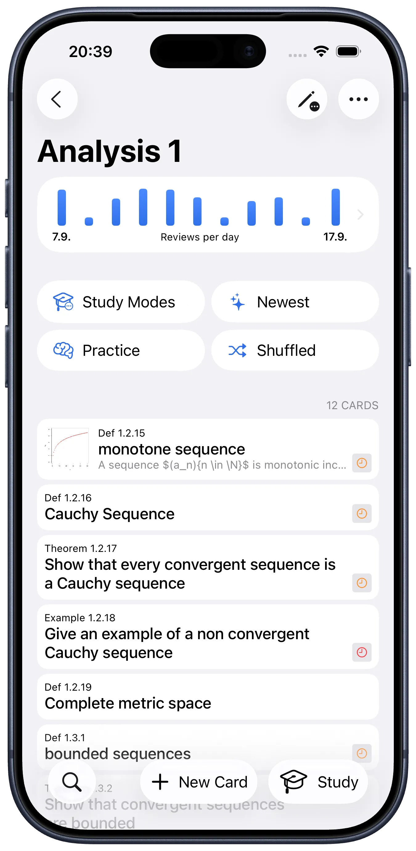 Flashtex Analysis 1 deck showing review activity, Study Modes, cards with a mathematical expression, and New Card and Study actions